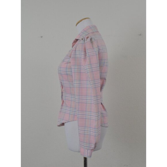 Vintage 80s Plaid Long Sleeves Poly/Cotton Pastel Button up Blouse - Picture 2 of 10